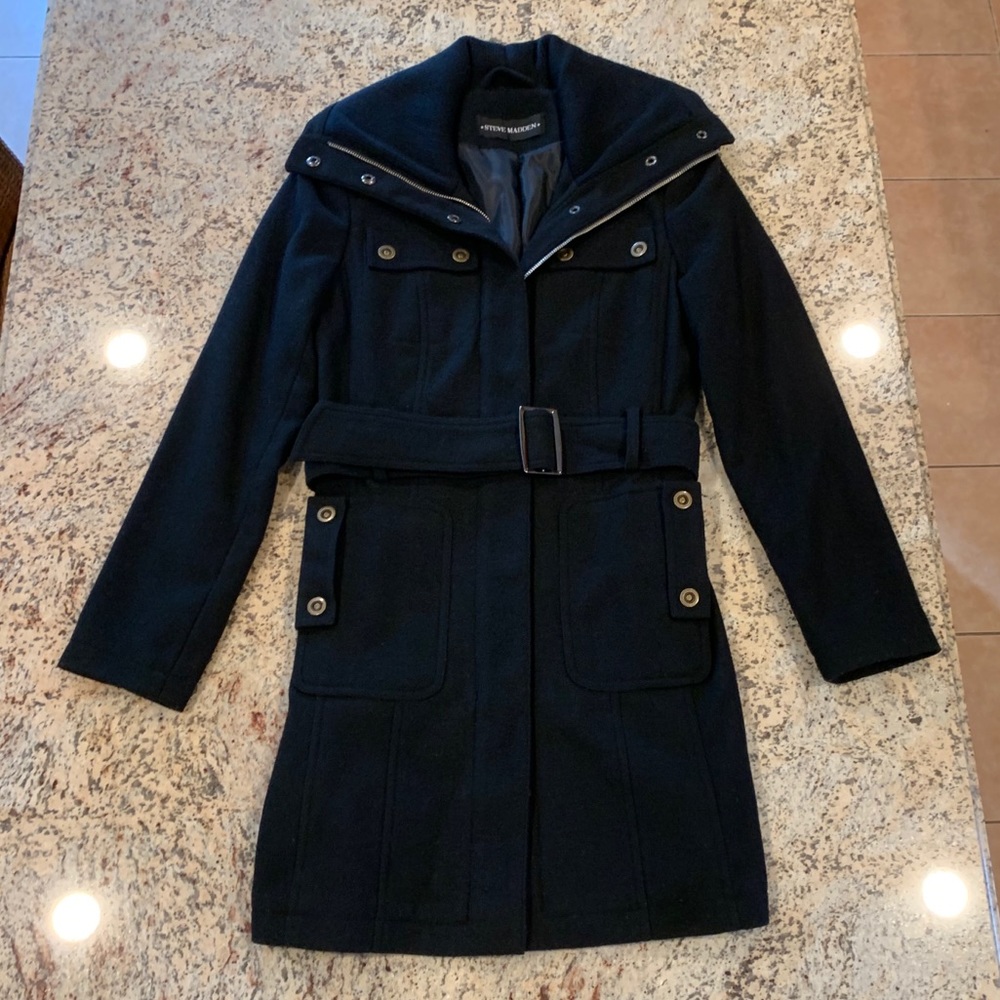 Black Steve Madden Rib Collar Belted Coat